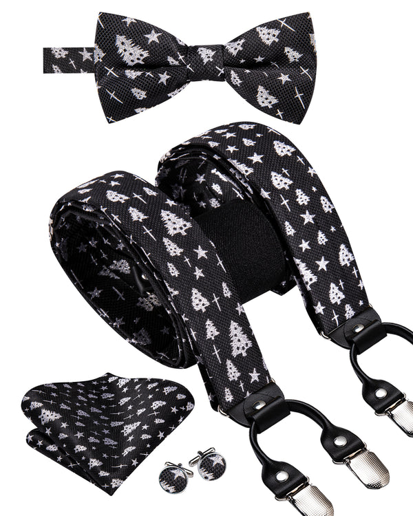Christmas Black White Tree Novelty Y Back Brace Clip-on Men's Suspender with Bow Tie Set