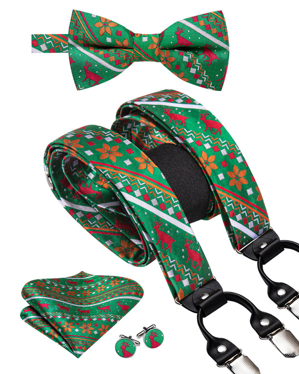 Christmas Green Red Deer Novelty Y Back Brace Clip-on Men's Suspender with Bow Tie Set