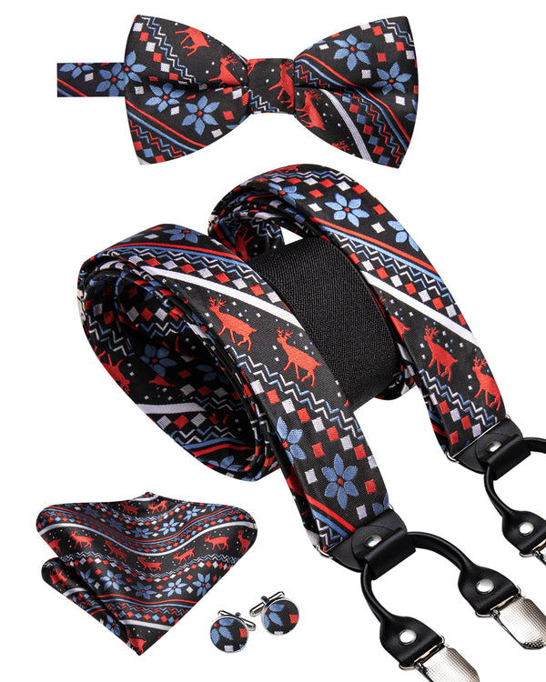 Christmas Black Red Deer Novelty Y Back Brace Clip-on Men's Suspender with Bow Tie Set