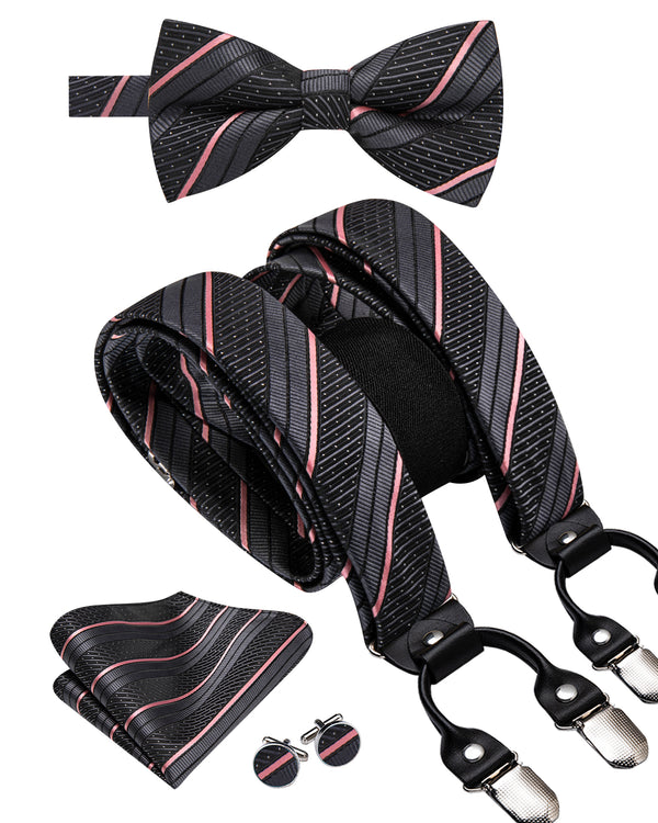 Black Pink Striped Y Back Brace Clip-on Men's Suspender with Bow Tie Set