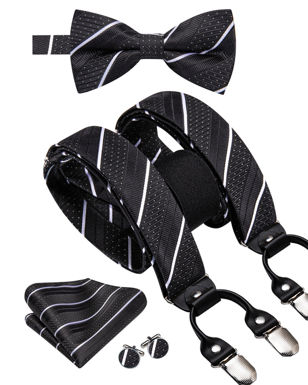 Black White Striped Y Back Brace Clip-on Men's Suspender with Bow Tie Set