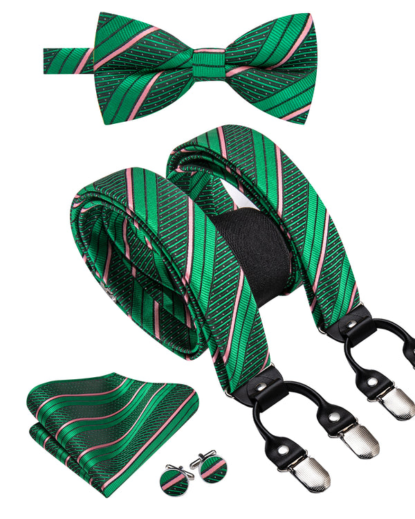 Green Pink Striped Y Back Brace Clip-on Men's Suspender with Bow Tie Set