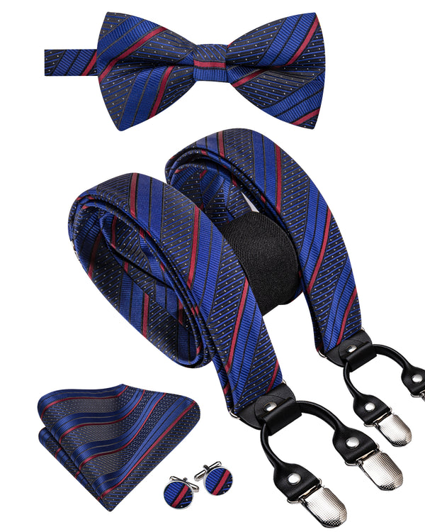 Blue Black Red Striped Y Back Brace Clip-on Men's Suspender with Bow Tie Set