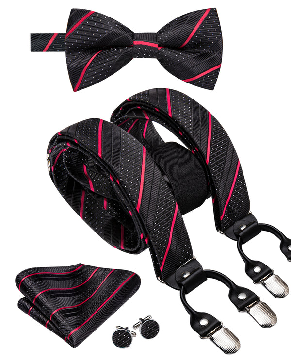 Black Red Striped Y Back Brace Clip-on Men's Suspender with Bow Tie Set