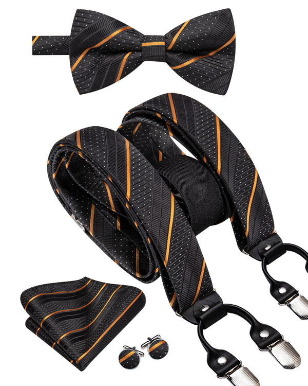 Black Orange Striped Y Back Brace Clip-on Men's Suspender with Bow Tie Set