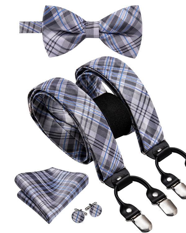 White Grey Blue Plaid Y Back Brace Clip-on Men's Suspender with Bow Tie Set