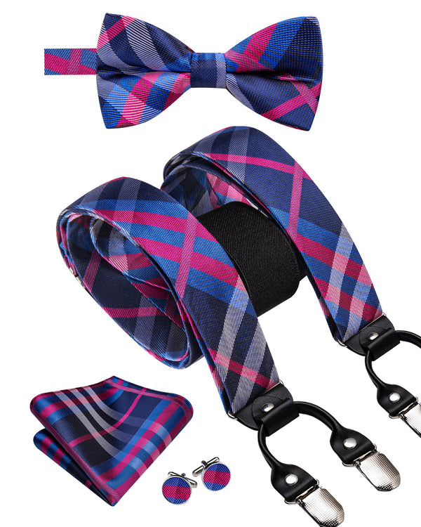 Blue Grey HotPink Plaid Y Back Brace Clip-on Men's Suspender with Bow Tie Set