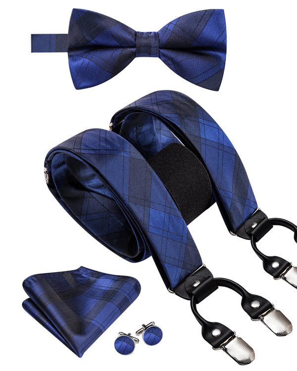 Blue Black Plaid Y Back Brace Clip-on Men's Suspender with Bow Tie Set