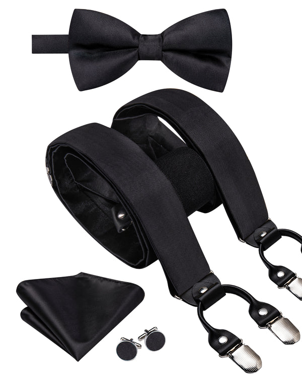 Ties2you Black Tie Men's Black Solid Y Back Brace Clip-On Suspender With Bow Tie Set