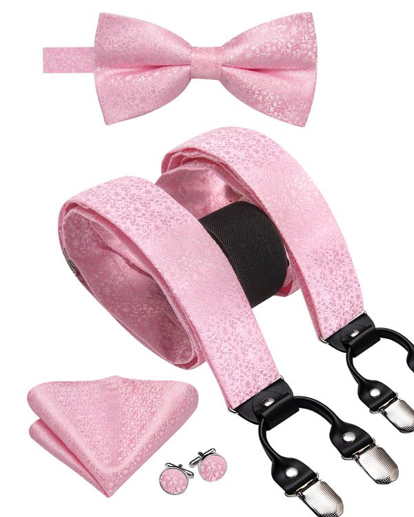 Pink Geometric Y Back Brace Clip-on Men's Suspender with Bow Tie Set