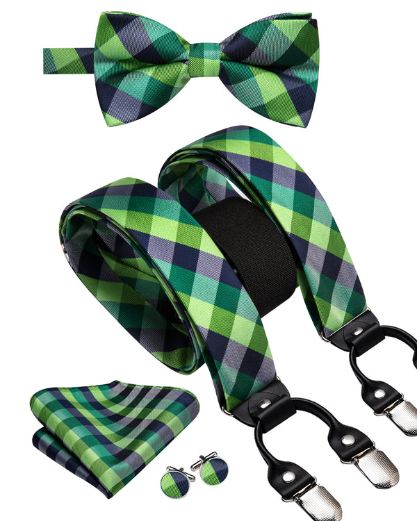 Green Blue Plaid Y Back Brace Clip-on Men's Suspender with Bow Tie Set