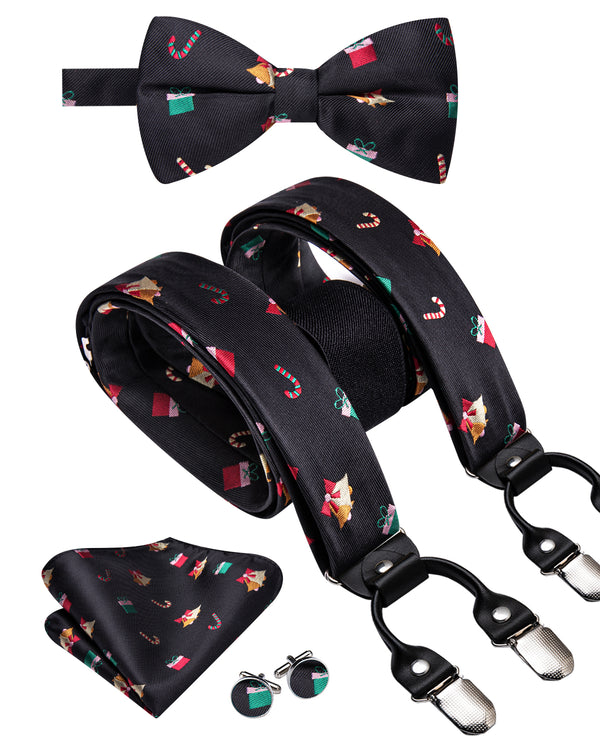 Christmas Black Red Candy Cane Y Back Brace Clip-on Men's Suspender with Bow Tie Set