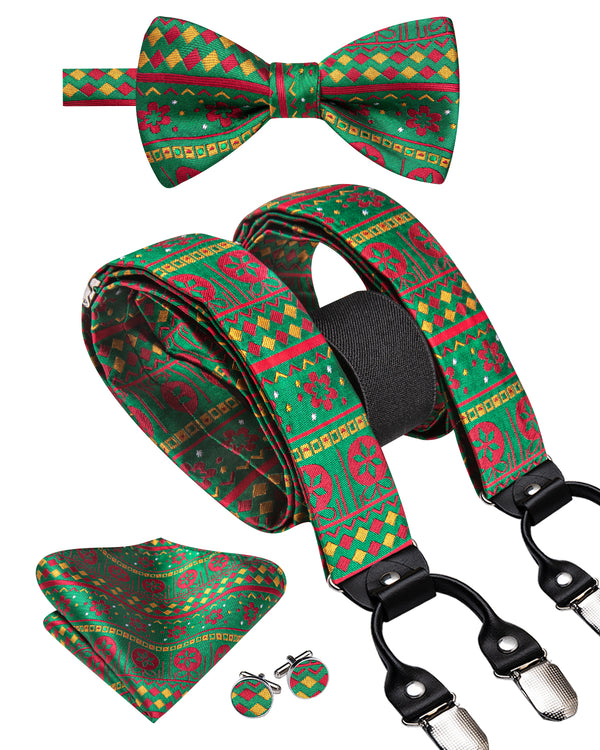 Christmas Green Little Red Flower Y Back Brace Clip-on Men's Suspender with Bow Tie Set