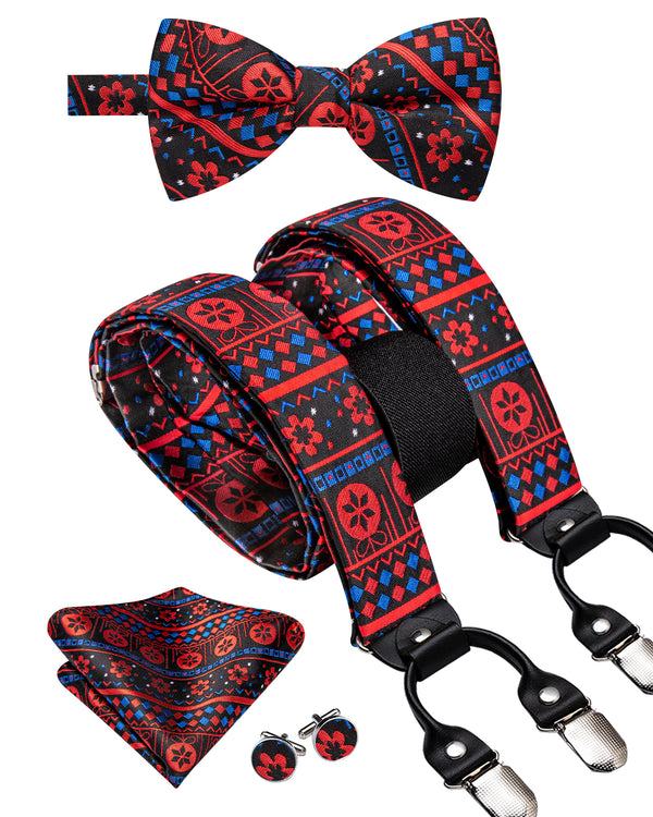 Christmas Black Blue Little Red Flower Y Back Brace Clip-on Men's Suspender with Bow Tie Set