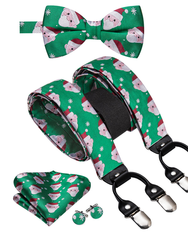 Christmas Green Santa Claus Y Back Brace Clip-on Men's Suspender with Bow Tie Set