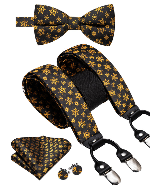 Christmas Black Golden Snow Y Back Brace Clip-on Men's Suspender with Bow Tie Set