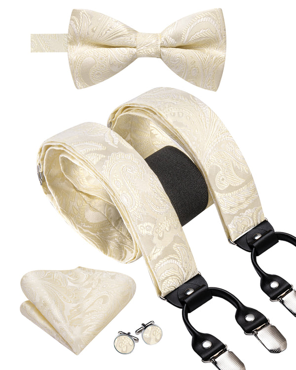 LightGoldenrodYellow Paisley Y Back Brace Clip-on Men's Suspender with Bow Tie Set