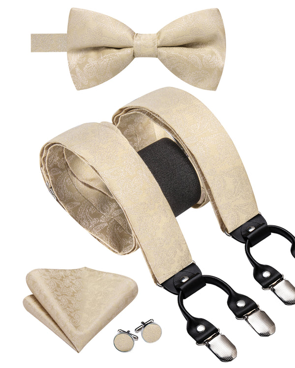 LemonChiffon Paisley Y Back Brace Clip-on Men's Suspender with Bow Tie Set