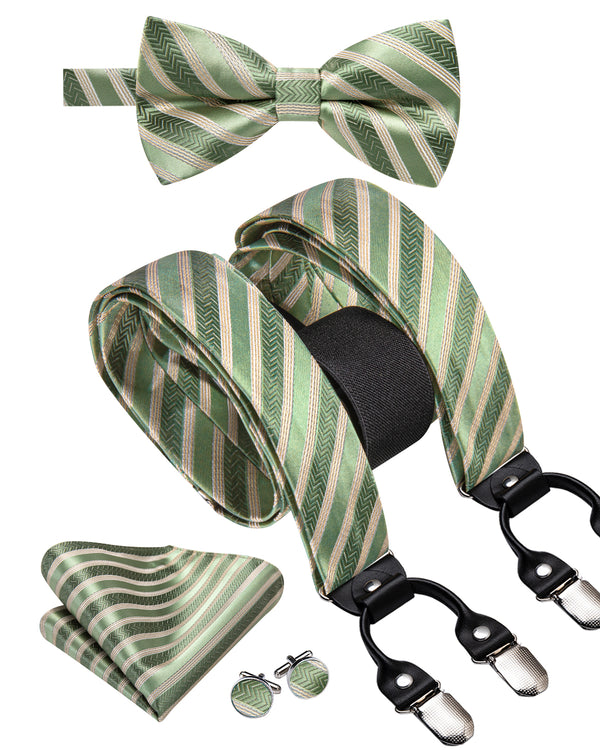 Green Beige Striped Y Back Brace Clip-on Men's Suspender with Bow Tie Set