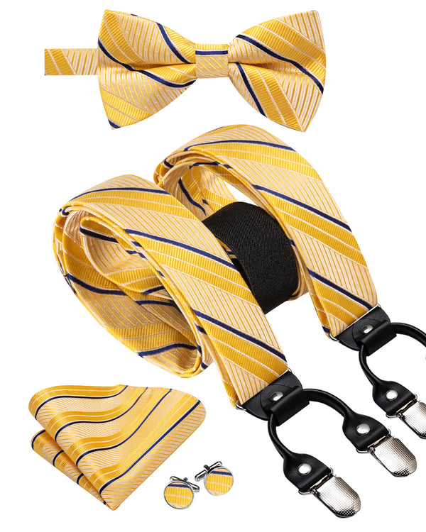 Yellow Blue Striped Y Back Brace Clip-on Men's Suspender with Bow Tie Set