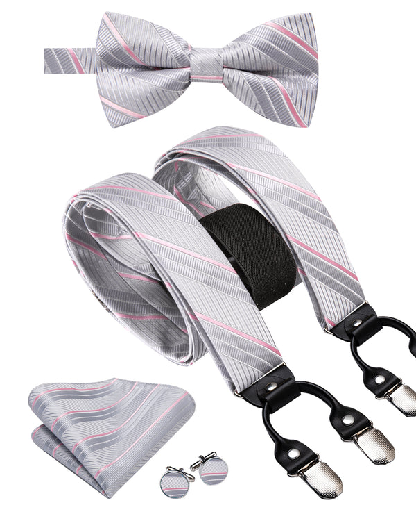 Sliver Grey Pink Striped Y Back Brace Clip-on Men's Suspender with Bow Tie Set