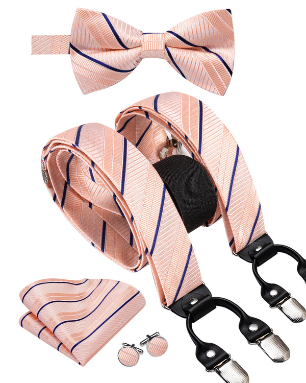 Salmon Pink Blue Striped Y Back Brace Clip-on Men's Suspender with Bow Tie Set