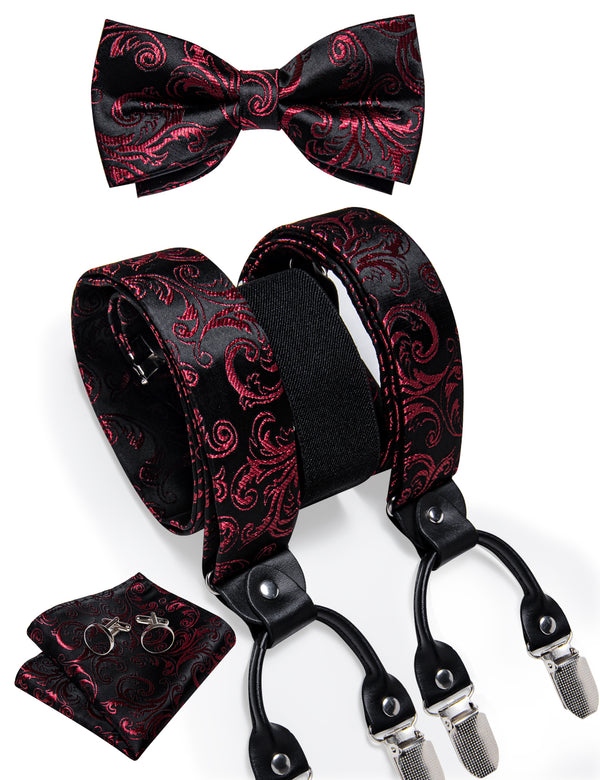 Black Burgundy Red Paisley Y Back Brace Clip-on Men's Suspender with Bow Tie Set
