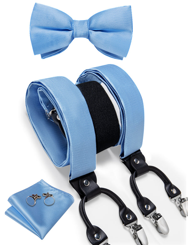 SkyBlue Solid Y Back Brace Clip-on Men's Suspender with Bow Tie Set