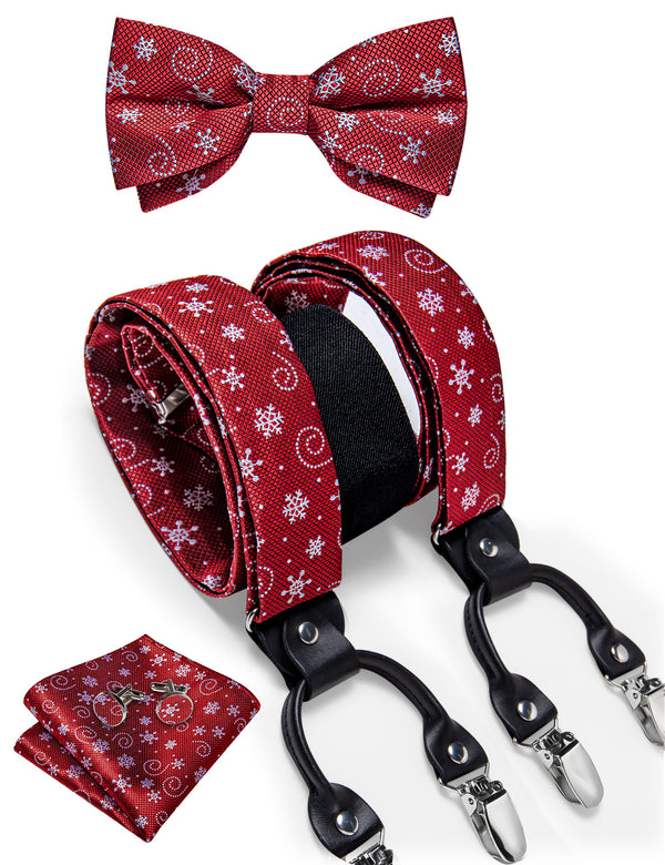 Christmas WineRed Snow Novelty Y Back Brace Clip-on Men's Suspender with Bow Tie Set
