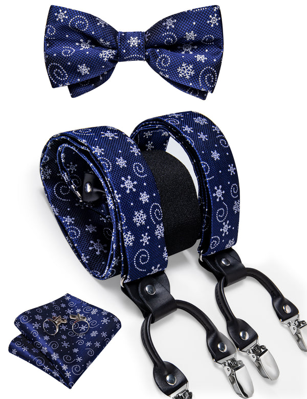 Christams Blue White Snowflake Novelty Y Back Brace Clip-on Men's Suspender with Bow Tie Set