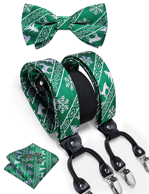 Christams Green White Deer Novelty Y Back Brace Clip-on Men's Suspender with Bow Tie Set