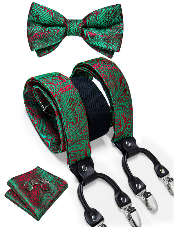 Green Red Floral Y Back Brace Clip-on Men's Suspender with Bow Tie Set