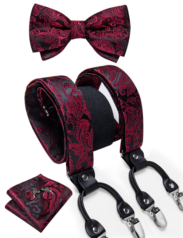 DarkRed Paisley Y Back Brace Clip-on Men's Suspender with Bow Tie Set