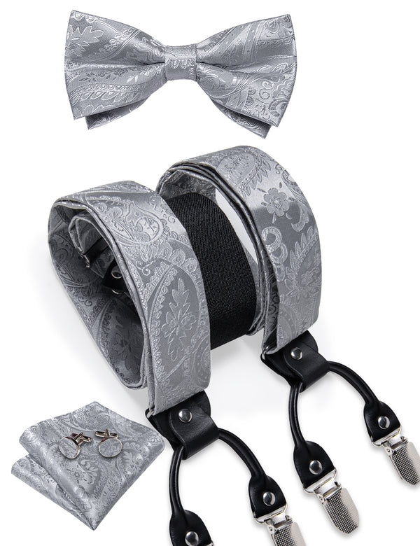 Sliver Grey Paisley Y Back Brace Clip-on Men's Suspender with Bow Tie Set
