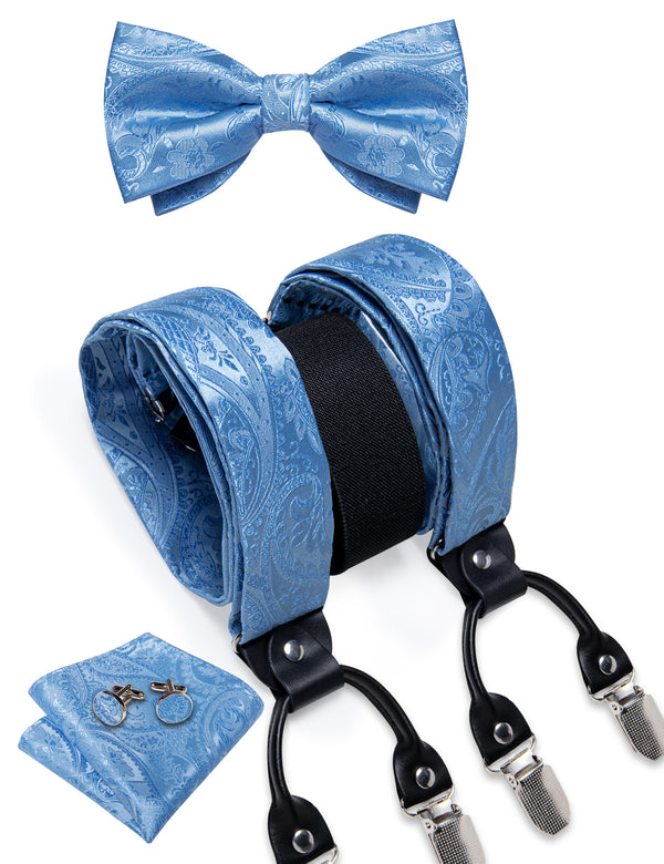 Cerulean Floral Y Back Brace Clip-on Men's Suspender with Bow Tie Set