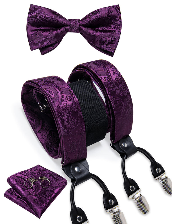 Purple Paisley Y Back Brace Clip-on Men's Suspender with Bow Tie Set