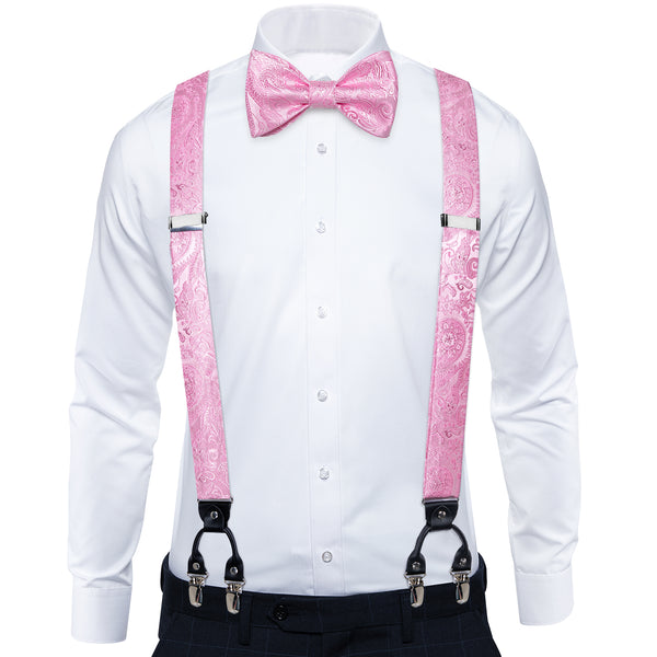Pink Paisley Clip-on Men's Suspender with Bow Tie Set