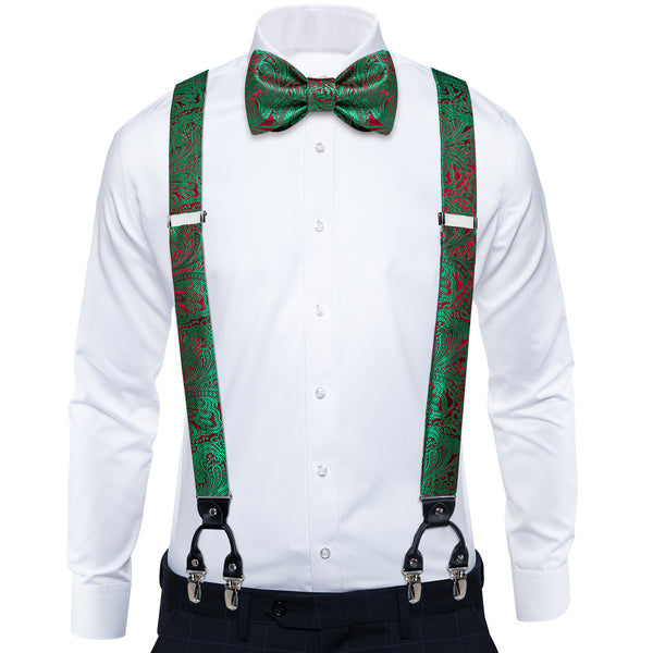 Green Red Paisley Clip-on Men's Suspender with Bow Tie Set
