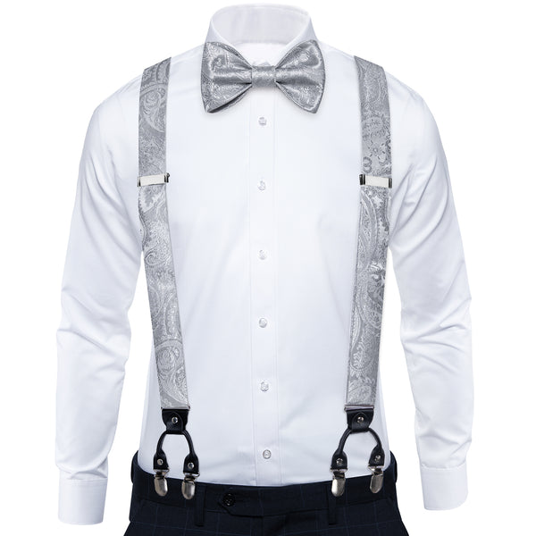 Grey Floral Clip-on Men's Suspender with Bow Tie Set