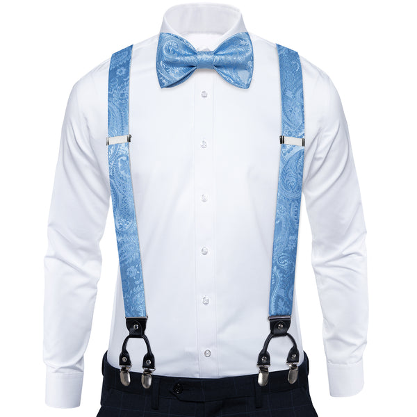 LightSkyBlue Paisley Clip-on Men's Suspender with Bow Tie Set