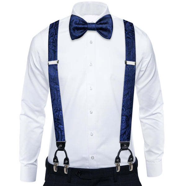 NavyBlue Paisley Clip-on Men's Suspender with Bow Tie Set