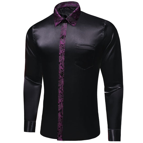 fashion deep purple paisley splicing solid black button shirt