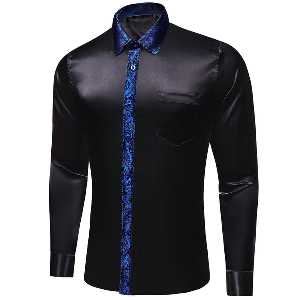 navy paisley splicing black solid button-up long sleeve business essentials black shirt