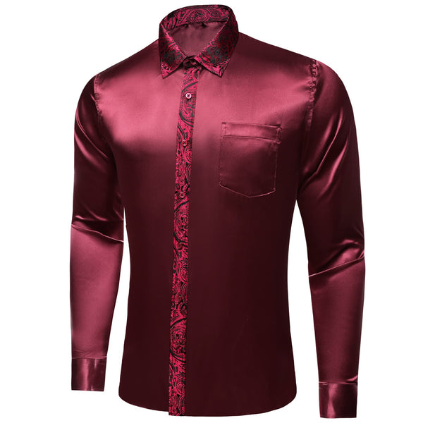 wedding dress shirt design Burgundy red splicing Long Sleeve burgundy button up shirt