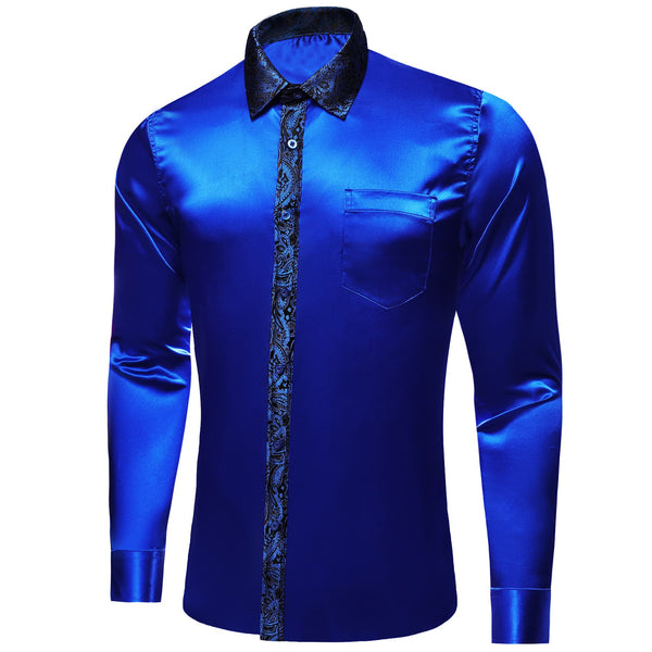 Ties2you Dress Shirt Cobalt Blue Solid Splicing Paisley Button Down Long Sleeve Shirts for Men