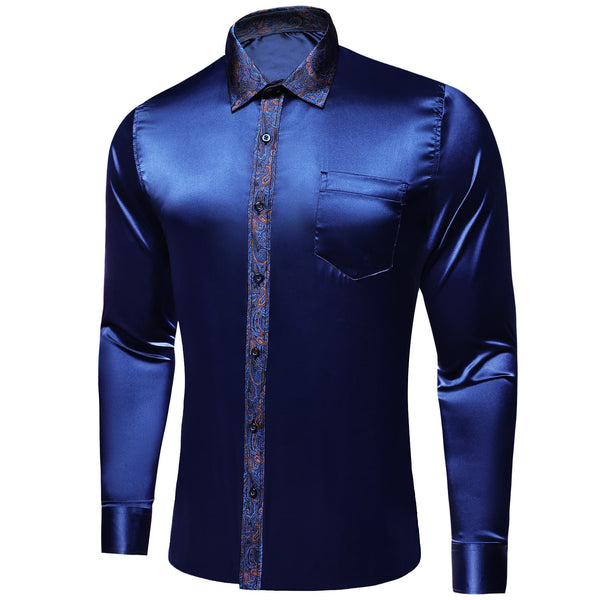 high quality silk solid navy blue splicing  Button Down Long Sleeve mens blue shirt