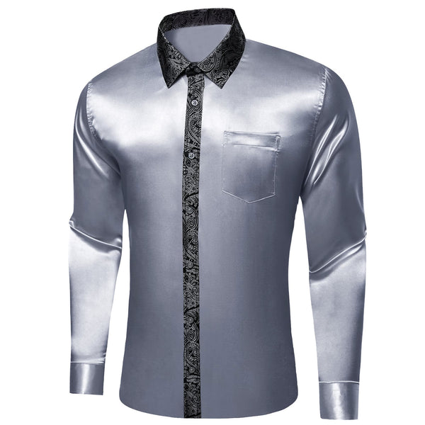 deep grey splicing silk men's button down short sleeve shirt