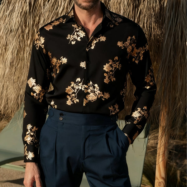 Ties2you Black Dress Shirt Mens Gold Floral Silk Wedding Long Sleeve Button Down Shirt