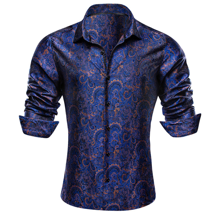 navy blue brown floral silk shirts for men