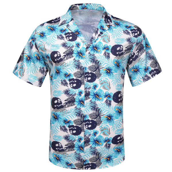 White Blue Teal Leaves Novelty Men's Short Sleeve Summer Shirt